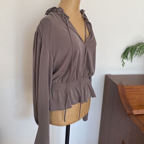 Rebecca Taylor taupe light brown long sleeve ruched vneck blouse tie ruffles EUC - Picture 4 of 11